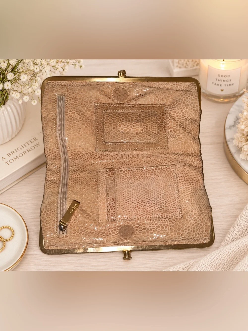 HOBO Taupe Snakeskin Embossed Leather Frame Clutch Wallet